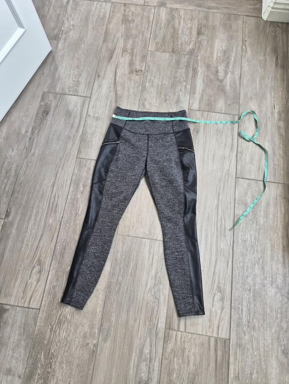 Athleta Grey and Black Faux-Leather Panel Leggings